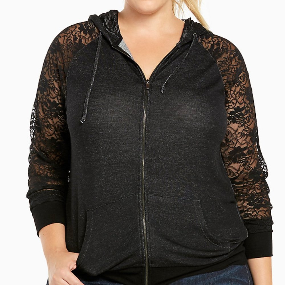 Torrid Charcoal Grey Lace Zip Up Hoodie (Size 3)